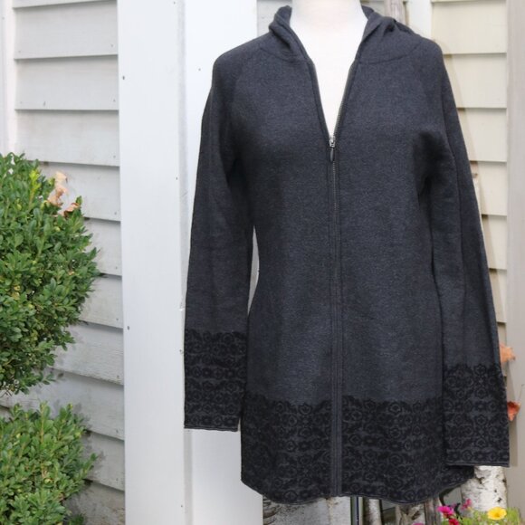 Cynthia Rowley Grey w Black Floral Band Trim Long Hooded Full Zip Cardigan LARGE - Picture 1 of 6